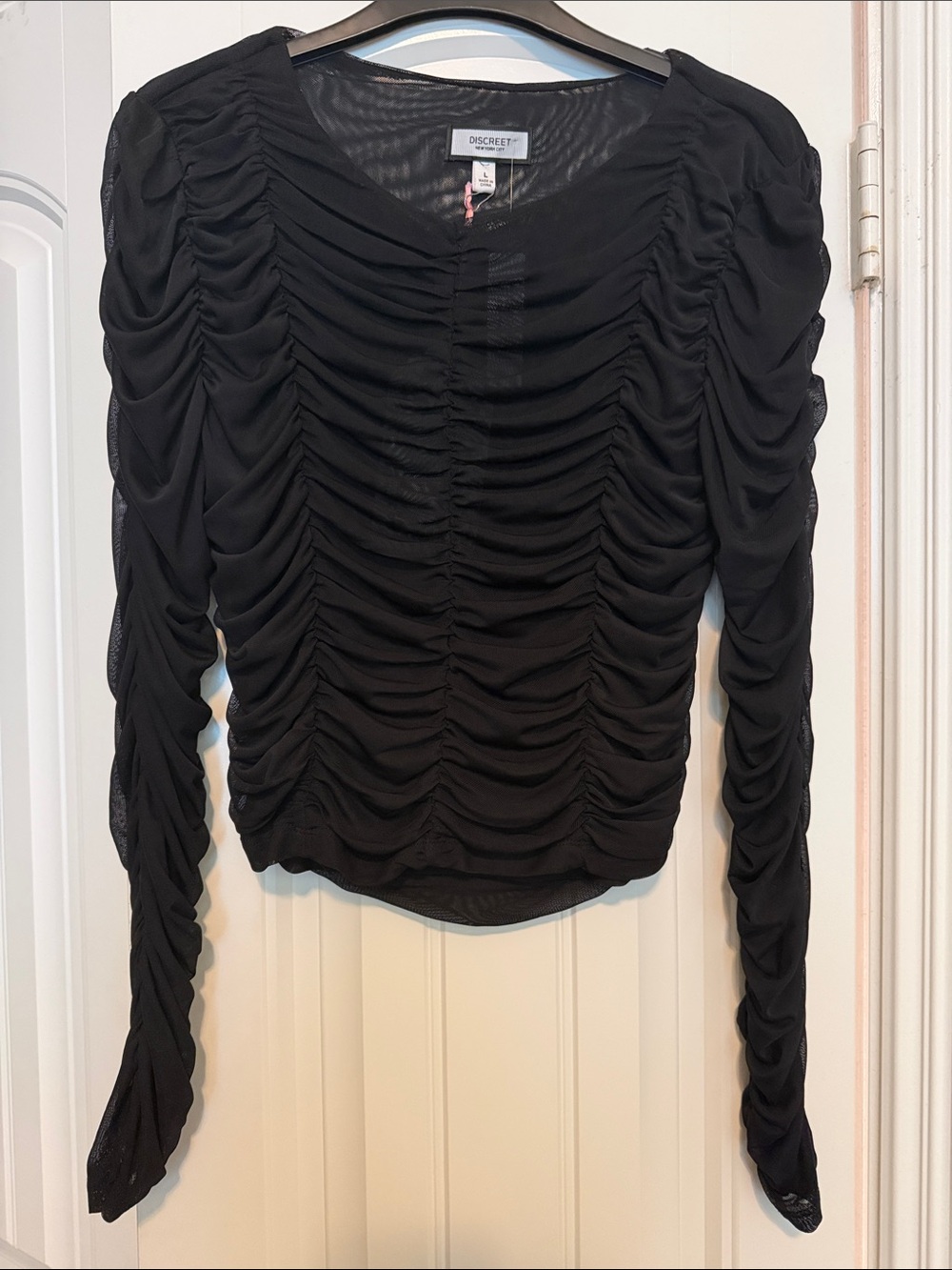 Discreet Black Ruched Long-Sleeve Mesh Top